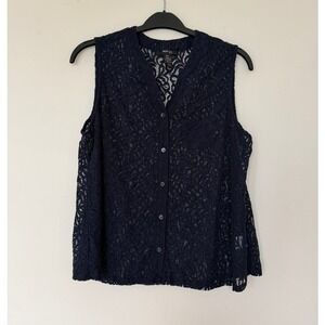 Style & Co Floral Lace Sleeveless‎ Button Front Top PXL Navy Blue